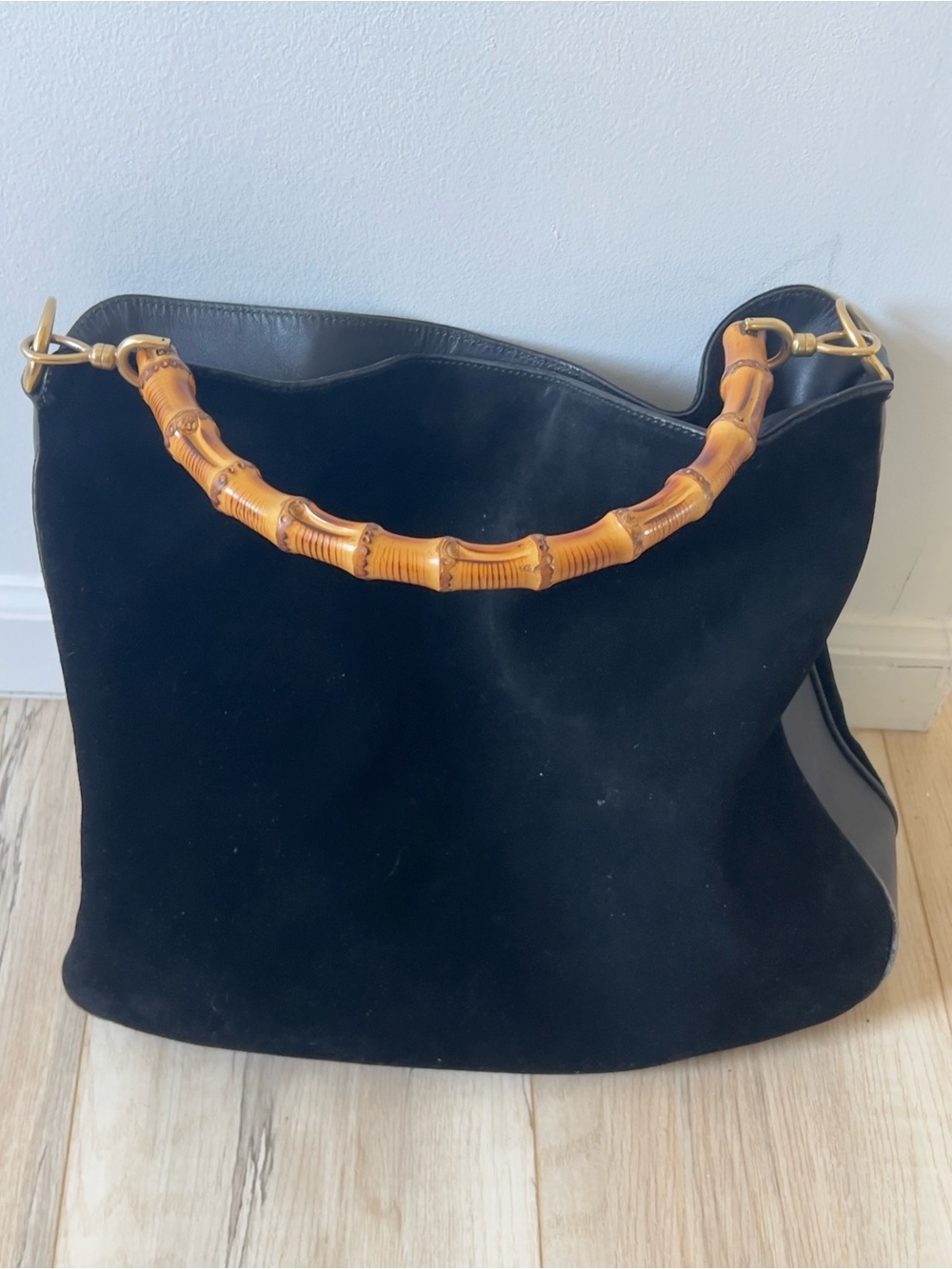 Gucci Outlet Diana Black Suede Hobo Bag with Bamboo Handle